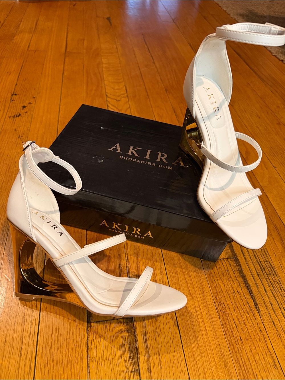 AKIRA White Strappy Metallic Wedge Sandals